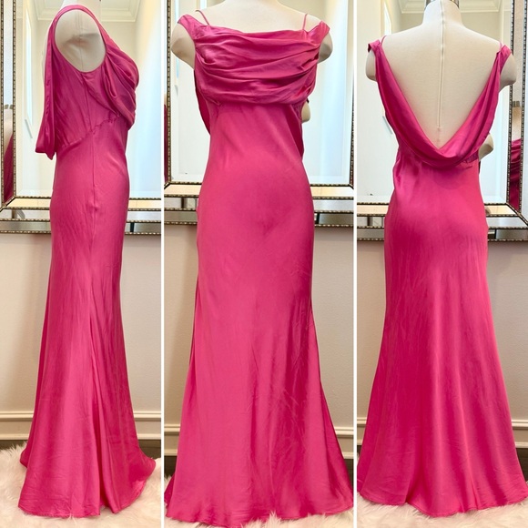 🌺SOLD🌺 90s Victoria’s Secret Silk Pink Gold Label Draped Maxi Gown Slip Dress - Picture 1 of 13
